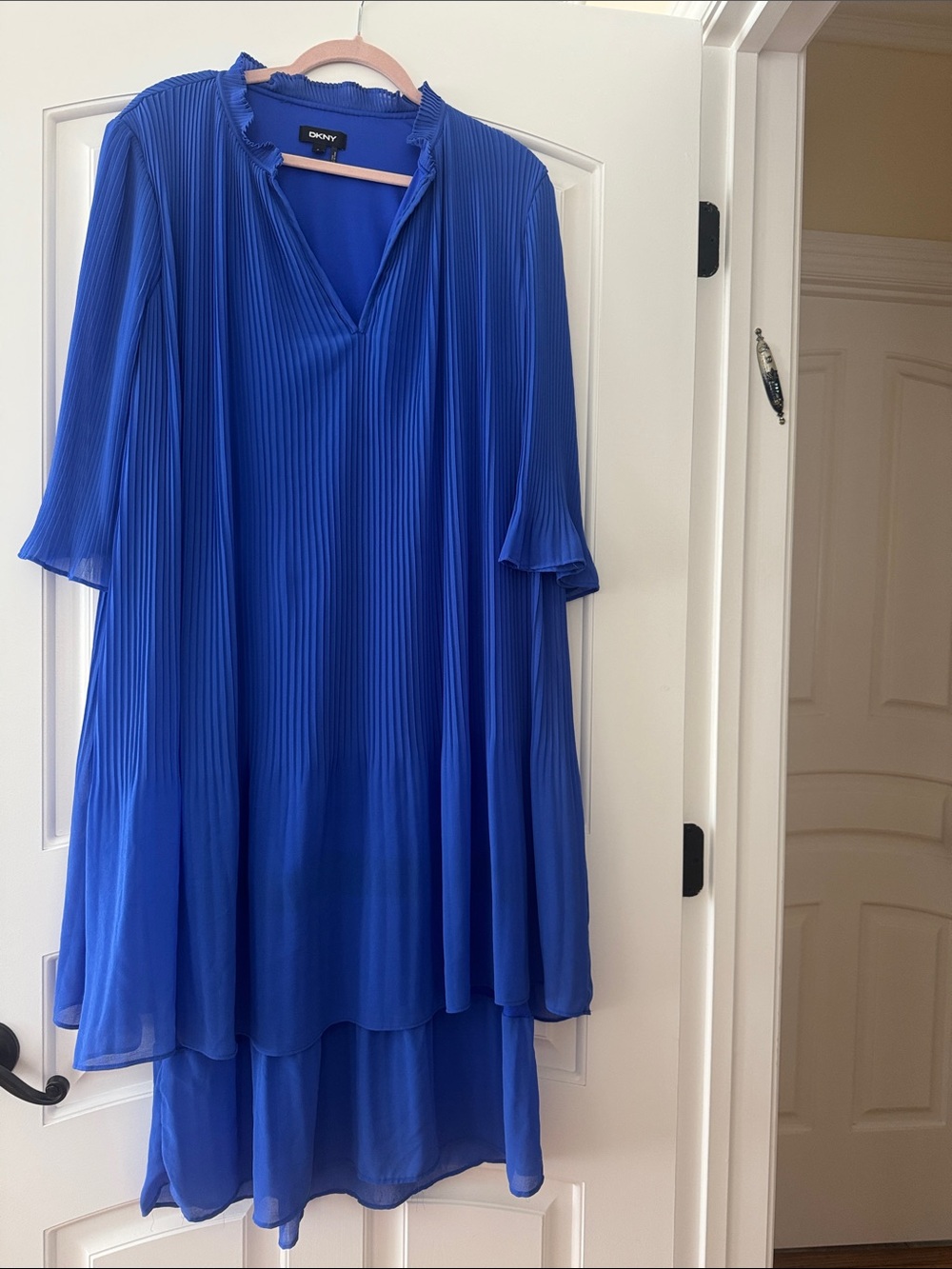 DKNY Electric Blue Pleated V-Neck Swing Dress